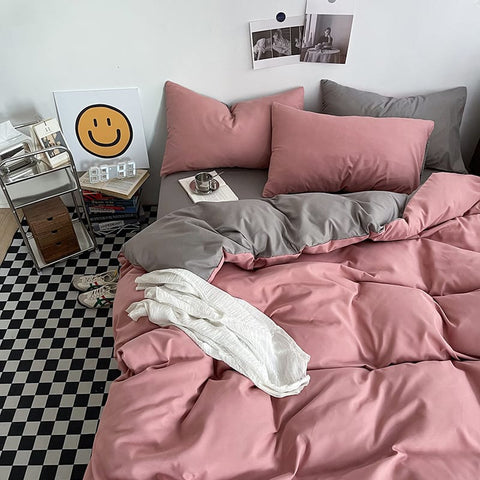 Darrahopens Home & Garden > Bedding > Bed Sheets Light grey and pink Washed Cotton Bedding Set - Solid Color Fitted Sheet Style, 4-Piece Set for 1.8m Bed, Includes 10 Random Color Quilt Fasteners