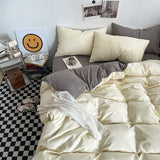 Darrahopens Home & Garden > Bedding > Bed Sheets Light yellow and light gray Washed Cotton Bedding Set - Solid Color Fitted Sheet Style, 4-Piece Set for 1.8m Bed, Includes 10 Random Color Quilt Fasteners