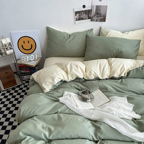 Darrahopens Home & Garden > Bedding > Bed Sheets Matcha Cheese Washed Cotton Bedding Set - Solid Color Fitted Sheet Style, 4-Piece Set for 1.5m Bed, Includes 10 Random Color Quilt Fasteners(1.5m)