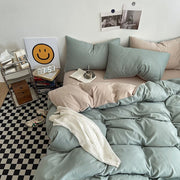 Darrahopens Home & Garden > Bedding > Bed Sheets Matcha khaki Washed Cotton Bedding Set - Solid Color Fitted Sheet Style, 4-Piece Set for 1.8m Bed, Includes 10 Random Color Quilt Fasteners
