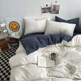 Darrahopens Home & Garden > Bedding > Bed Sheets White and Dark Grey Washed Cotton Bedding Set - Solid Color Fitted Sheet Style, 4-Piece Set for 1.8m Bed, Includes 10 Random Color Quilt Fasteners
