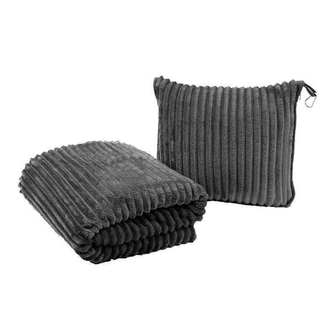 Darrahopens Home & Garden > Bedding > Blankets & Throws 2-in-1 Dark Grey Soft Ribbed Flannel Travel Blanket / Folding Zipper Pillow with Luggage Strap & Hook - 40x60 Inch Portable Dual-Layer Fleece Nap Blanket for Airplane Travel Office Camping