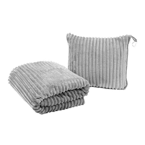 Darrahopens Home & Garden > Bedding > Blankets & Throws 2-in-1 Light Grey Soft Ribbed Flannel Travel Blanket / Folding Zipper Pillow with Luggage Strap & Hook - 40x60 Inch Portable Dual-Layer Fleece Nap Blanket for Airplane Travel Office Camping