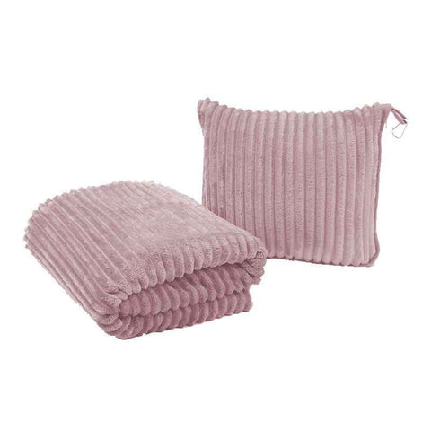 Darrahopens Home & Garden > Bedding > Blankets & Throws 2-in-1 Pink Soft Ribbed Flannel Travel Blanket / Folding Zipper Pillow with Luggage Strap & Hook - 40x60 Inch Portable Dual-Layer Fleece Nap Blanket for Airplane Travel Office Camping