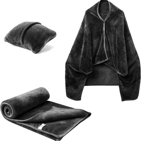 Darrahopens Home & Garden > Bedding > Blankets & Throws 3-in-1 Portable Travel Blanket / Pillow / Wearable Shawl with Snap & Envelope Folding Design - 230GSM Soft Flannel Thickened Nap Blanket for Airplane Office Home, Space Saving & Machine Washable, Black 40 x 60 inch