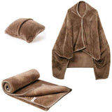 Darrahopens Home & Garden > Bedding > Blankets & Throws 3-in-1 Portable Travel Blanket / Pillow / Wearable Shawl with Snap & Envelope Folding Design - 230GSM Soft Flannel Thickened Nap Blanket for Airplane Office Home, Space Saving & Machine Washable, Coffee 60 x 70 inch