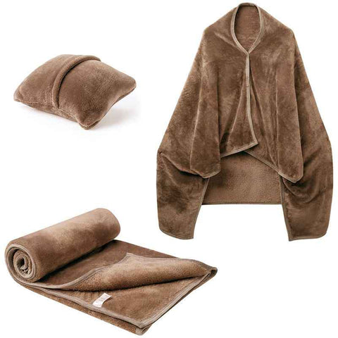 Darrahopens Home & Garden > Bedding > Blankets & Throws 3-in-1 Portable Travel Blanket / Pillow / Wearable Shawl with Snap & Envelope Folding Design - 230GSM Soft Flannel Thickened Nap Blanket for Airplane Office Home, Space Saving & Machine Washable, Coffee 60 x 70 inch