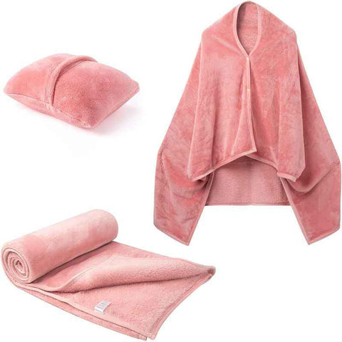 Darrahopens Home & Garden > Bedding > Blankets & Throws 3-in-1 Portable Travel Blanket / Pillow / Wearable Shawl with Snap & Envelope Folding Design - 230GSM Soft Flannel Thickened Nap Blanket for Airplane Office Home, Space Saving & Machine Washable, Pink 60 x 70 inch
