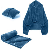 Darrahopens Home & Garden > Bedding > Blankets & Throws 3-in-1 Portable Travel Blanket / Pillow / Wearable Shawl with Snap & Envelope Folding Design - 230GSM Soft Flannel Thickened Nap Blanket for Airplane Office Home, Space Saving & Machine Washable, Blue 60 x 70 inch