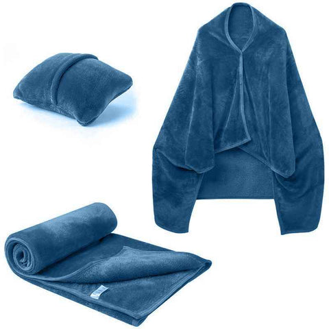 Darrahopens Home & Garden > Bedding > Blankets & Throws 3-in-1 Portable Travel Blanket / Pillow / Wearable Shawl with Snap & Envelope Folding Design - 230GSM Soft Flannel Thickened Nap Blanket for Airplane Office Home, Space Saving & Machine Washable, Blue 60 x 70 inch