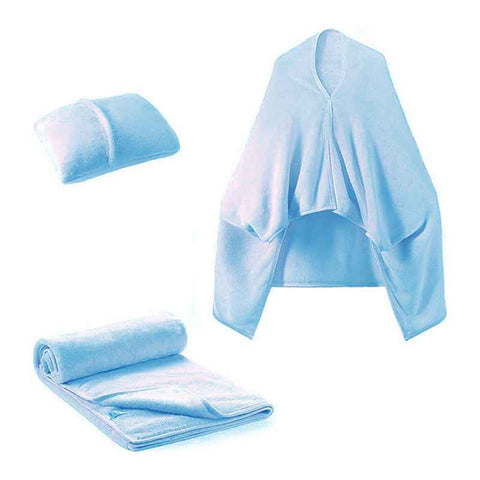 Darrahopens Home & Garden > Bedding > Blankets & Throws 3-in-1 Portable Travel Blanket / Pillow / Wearable Shawl with Snap & Envelope Folding Design - 230GSM Soft Flannel Thickened Nap Blanket for Airplane Office Home, Space Saving & Machine Washable, Light Blue 60 x 70 inch