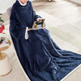 Darrahopens Home & Garden > Bedding > Blankets & Throws Black 180 x 120CM Extra Large Wearable Wrap Blanket with Sleeves and Large Pocket, Cozy Thickened Composed Flannel Sherpa Fleece Oversized TV Blanket Robe and Sofa Throw for Home Lounging