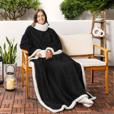 Darrahopens Home & Garden > Bedding > Blankets & Throws Black 180 x 120CM Extra Large Wearable Wrap Blanket with Sleeves and Large Pocket, Cozy Thickened Composed Flannel Sherpa Fleece Oversized TV Blanket Robe and Sofa Throw for Home Lounging
