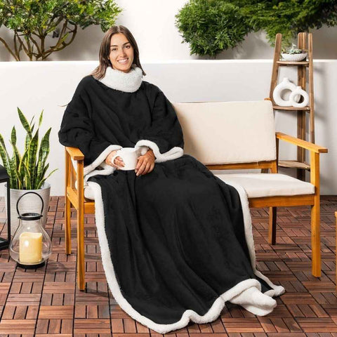 Darrahopens Home & Garden > Bedding > Blankets & Throws Black 180 x 120CM Extra Large Wearable Wrap Blanket with Sleeves and Large Pocket, Cozy Thickened Composed Flannel Sherpa Fleece Oversized TV Blanket Robe and Sofa Throw for Home Lounging