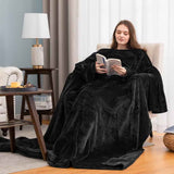 Darrahopens Home & Garden > Bedding > Blankets & Throws Black 180 x 120CM Extra Large Wearable Wrap Blanket with Sleeves and Large Pocket, Cozy Thickened Flannel Oversized TV Blanket Robe and Sofa Throw for Home Lounging