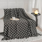 Darrahopens Home & Garden > Bedding > Blankets & Throws Black Cozy Geometric Knitted Throw Blanket with Tassels - Soft Acrylic Decorative Sofa & Bed Cover, 130x180cm