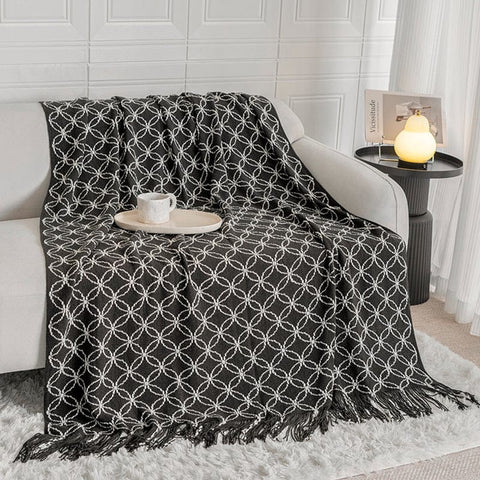 Darrahopens Home & Garden > Bedding > Blankets & Throws Black Cozy Geometric Knitted Throw Blanket with Tassels - Soft Acrylic Decorative Sofa & Bed Cover, 130x180cm