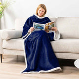 Darrahopens Home & Garden > Bedding > Blankets & Throws Blue 180 x 120CM Extra Large Wearable Wrap Blanket with Sleeves and Large Pocket, Cozy Thickened Composed Flannel Sherpa Fleece Oversized TV Blanket Robe and Sofa Throw for Home Lounging