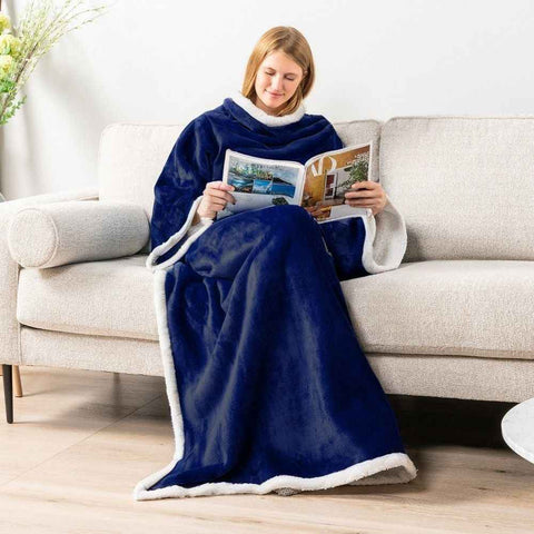 Darrahopens Home & Garden > Bedding > Blankets & Throws Blue 180 x 120CM Extra Large Wearable Wrap Blanket with Sleeves and Large Pocket, Cozy Thickened Composed Flannel Sherpa Fleece Oversized TV Blanket Robe and Sofa Throw for Home Lounging