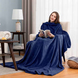 Darrahopens Home & Garden > Bedding > Blankets & Throws Blue 180 x 120CM Extra Large Wearable Wrap Blanket with Sleeves and Large Pocket, Cozy Thickened Flannel Oversized TV Blanket Robe and Sofa Throw for Home Lounging