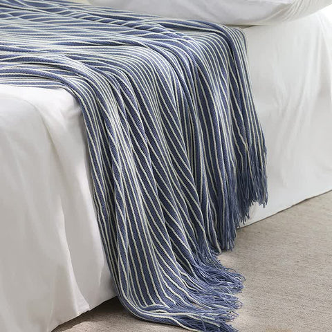 Darrahopens Home & Garden > Bedding > Blankets & Throws Blue Cozy Knit Throw Blanket with Fringe – Stylish Striped  Bed End Cover, 127x170cm