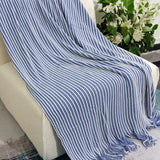 Darrahopens Home & Garden > Bedding > Blankets & Throws Blue Cozy Knit Throw Blanket with Fringe – Stylish Striped  Bed End Cover, 127x170cm
