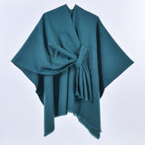 Darrahopens Home & Garden > Bedding > Blankets & Throws Dark Green Elegant Soft Knit Poncho Cape - Warm Autumn Winter Shawl Wrap with Side Tie, Thick & Luxurious Feel