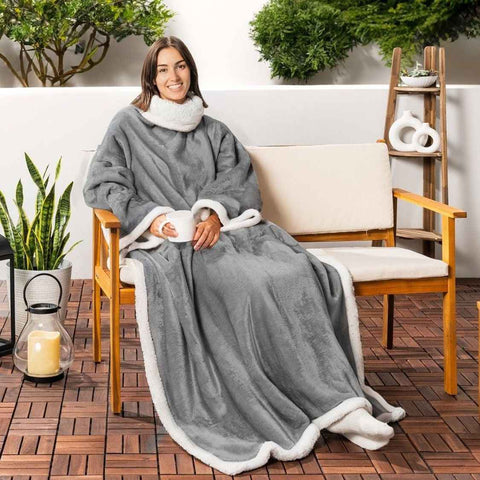 Darrahopens Home & Garden > Bedding > Blankets & Throws Grey 180 x 120CM Extra Large Wearable Wrap Blanket with Sleeves and Large Pocket, Cozy Thickened Composed Flannel Sherpa Fleece Oversized TV Blanket Robe and Sofa Throw for Home Lounging