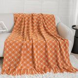 Darrahopens Home & Garden > Bedding > Blankets & Throws Orange Cozy Geometric Knitted Throw Blanket with Tassels - Soft Acrylic Decorative Sofa & Bed Cover, 130x180cm