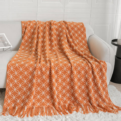 Darrahopens Home & Garden > Bedding > Blankets & Throws Orange Cozy Geometric Knitted Throw Blanket with Tassels - Soft Acrylic Decorative Sofa & Bed Cover, 130x180cm