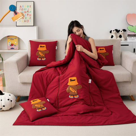 Darrahopens Home & Garden > Bedding > Blankets & Throws Wine Red Fashion Bear 2-in-1 Foldable Car Pillow Blanket - Cozy 40x40cm Pillow, Unfolds to 100x150cm Blanket for Travel and Office Naps