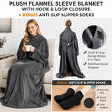 Darrahopens Home & Garden > Bedding > Blankets & Throws Winter Cozy Warm Loungewear Gift Set – 150 x 180CM Dark Grey Flannel Fleece Wearable Blanket with Adjustable Sleeves Large Front Pocket and Back Velcro Closure, Free XL Size Sherpa Fleece Cable Knit Anti-Slip Slipper Socks for Home Relaxation