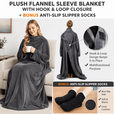 Darrahopens Home & Garden > Bedding > Blankets & Throws Winter Cozy Warm Loungewear Gift Set – 150 x 180CM Dark Grey Flannel Fleece Wearable Blanket with Adjustable Sleeves Large Front Pocket and Back Velcro Closure, Free XL Size Sherpa Fleece Cable Knit Anti-Slip Slipper Socks for Home Relaxation
