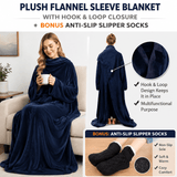 Darrahopens Home & Garden > Bedding > Blankets & Throws Winter Cozy Warm Loungewear Gift Set – 170 × 200CM Navy Blue Flannel Fleece Wearable Blanket with Adjustable Sleeves Large Front Pocket and Back Velcro Closure, Free L Size Sherpa Fleece Cable Knit Anti-Slip Slipper Socks for Home Relaxation
