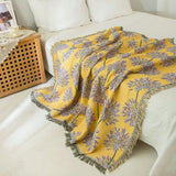 Darrahopens Home & Garden > Bedding > Blankets & Throws Yellow & Purple  Floral Woven Throw Blanket -  Chic Botanical Print with Tassels, Cotton Blend Sofa & Bed Cover