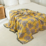 Darrahopens Home & Garden > Bedding > Blankets & Throws Yellow & Purple  Floral Woven Throw Blanket -  Chic Botanical Print with Tassels, Cotton Blend Sofa & Bed Cover