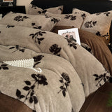 Darrahopens Home & Garden > Bedding > Duvet Covers Brown Rose Motifs Luxury Winter Faux Rabbit Fur Bedding Set - 4-Piece Melange Style Plush Set for 1.8m Beds (200x230cm Duvet Cover)