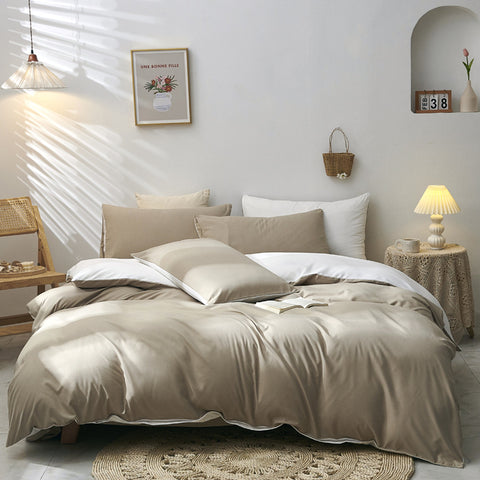 Darrahopens Home & Garden > Bedding > Duvet Covers Light Brown And White Stitching Ultra-Soft Solid Color 4-Piece Bedding Set - Queen Size(Suitable for 2m bed)