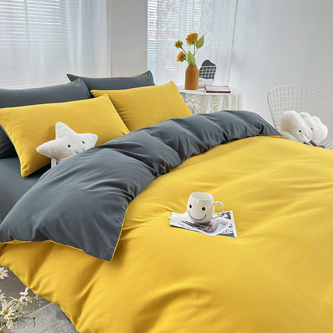 Darrahopens Home & Garden > Bedding > Duvet Covers Yellow and Grey 4-Piece Cotton Bedding Set - Fits 1.5m/1.8m Beds (Duvet Cover 200x230cm, Bed Sheet 230x250cm)