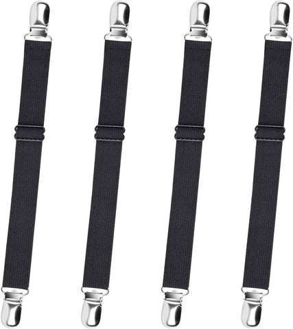 4-Pack Adjustable Bed Sheet Straps with Clips, Elastic Sheet Fasteners for Fitted Sheets, Sofa Covers, Tablecloths, Anti-Slip Grippers for Crib to King Size Beds (Black)