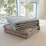 Darrahopens Home & Garden > Bedding > Mattress Protectors Grey and Green Cotton Three-Layer Gauze Bed Cover Set - Reversible Vintage Printed Blanket with Two Pillowcases for Year-Round Use(150*200cm)
