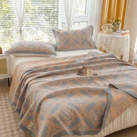 Darrahopens Home & Garden > Bedding > Mattress Protectors Grey and Orange Cotton Three-Layer Gauze Bed Cover Set - Reversible Vintage Printed Blanket with Two Pillowcases for Year-Round Use(200*230cm)