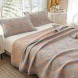 Darrahopens Home & Garden > Bedding > Mattress Protectors Grey and Pink Cotton Three-Layer Gauze Bed Cover Set - Reversible Vintage Printed Blanket with Two Pillowcases for Year-Round Use(150*200cm)