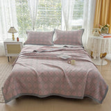 Darrahopens Home & Garden > Bedding > Mattress Protectors Grey and Pink Cotton Three-Layer Gauze Bed Cover Set - Reversible Vintage Printed Blanket with Two Pillowcases for Year-Round Use(150*200cm)