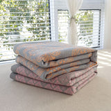 Darrahopens Home & Garden > Bedding > Mattress Protectors Grey and Pink Cotton Three-Layer Gauze Bed Cover Set - Reversible Vintage Printed Blanket with Two Pillowcases for Year-Round Use(200*230cm)