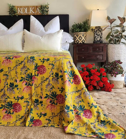 Darrahopens Home & Garden > Bedding Mustard Peony Kantha Bedspread Coverlet - Mustard (King - 228 cm x 274 cm)
