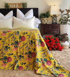 Darrahopens Home & Garden > Bedding Mustard Peony Kantha Bedspread Coverlet - Mustard (King - 228 cm x 274 cm)