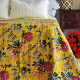 Darrahopens Home & Garden > Bedding Mustard Peony Kantha Bedspread Coverlet - Mustard (King - 228 cm x 274 cm)