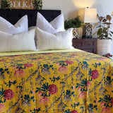 Darrahopens Home & Garden > Bedding Mustard Peony Kantha Bedspread Coverlet - Mustard (King - 228 cm x 274 cm)