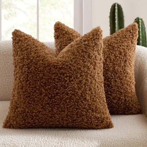 Darrahopens Home & Garden > Bedding > Pillowcases 2 Pcs Brown Cozy Teddy Boucle Cushion Cover - Plush Decorative Square Pillow Case for Sofa & Bed